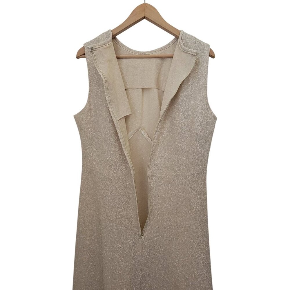 Vintage 70s Sleeveless Shimmering Champagne Gold Lamé Sheer Maxi Dress Sz 18.5 - Picture 5 of 9